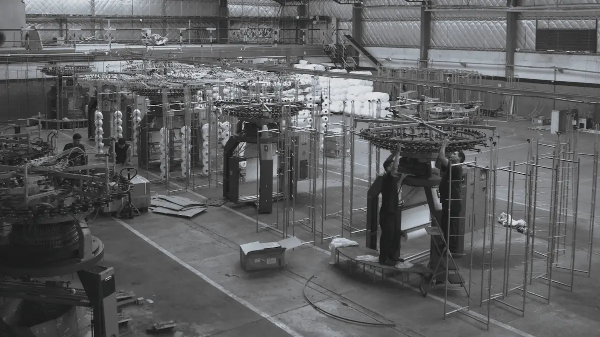 Vista de la fábrica Donnatex con máquinas textiles en producción